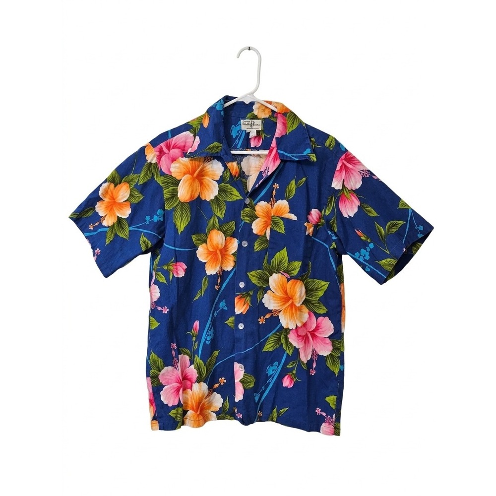 Hukilau Fashions Hawaiian Shirt Mens L Blue Excellent Floral Barkcloth Aloha